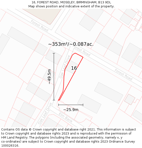 16, FOREST ROAD, MOSELEY, BIRMINGHAM, B13 9DL: Plot and title map