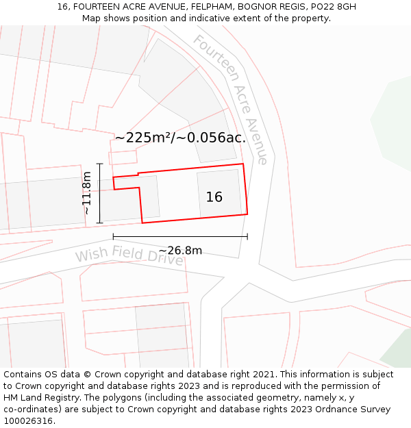 16, FOURTEEN ACRE AVENUE, FELPHAM, BOGNOR REGIS, PO22 8GH: Plot and title map