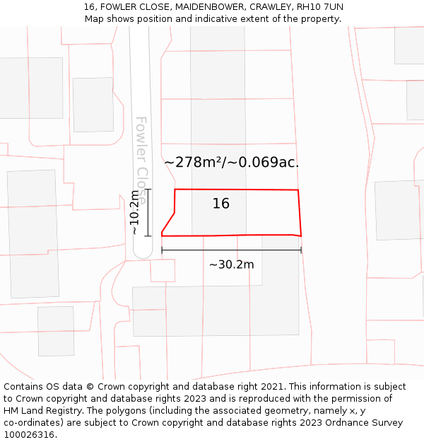 16, FOWLER CLOSE, MAIDENBOWER, CRAWLEY, RH10 7UN: Plot and title map