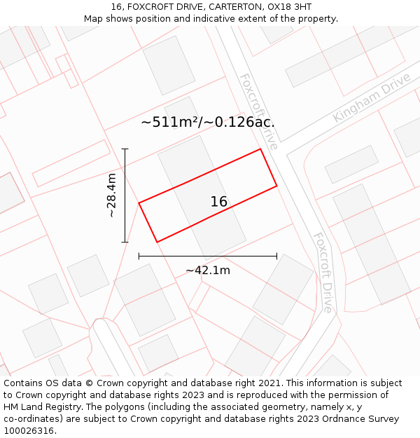 16, FOXCROFT DRIVE, CARTERTON, OX18 3HT: Plot and title map