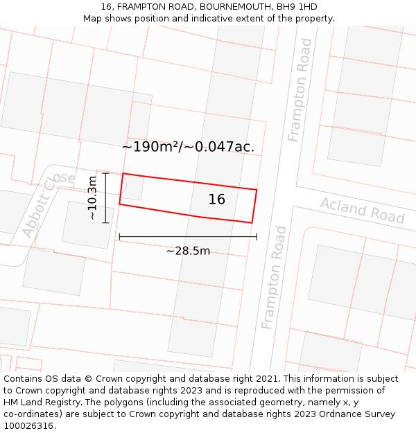 16, FRAMPTON ROAD, BOURNEMOUTH, BH9 1HD: Plot and title map