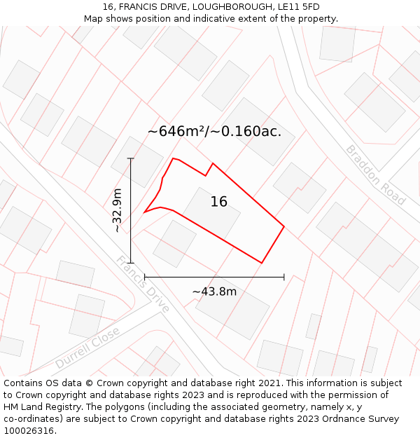 16, FRANCIS DRIVE, LOUGHBOROUGH, LE11 5FD: Plot and title map