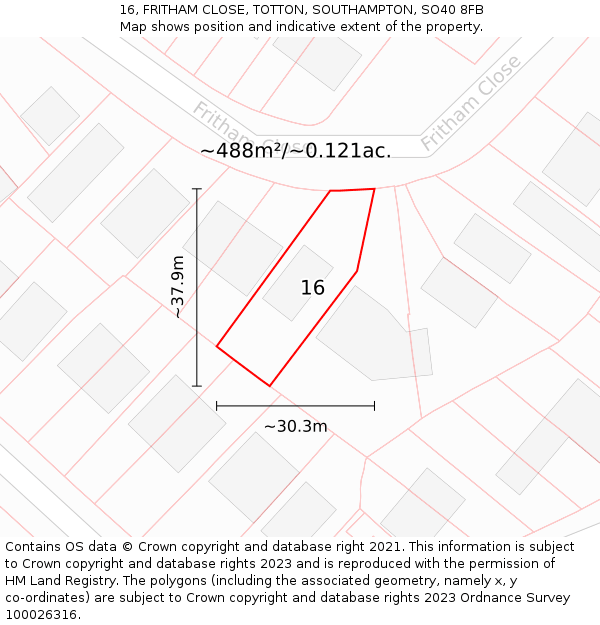 16, FRITHAM CLOSE, TOTTON, SOUTHAMPTON, SO40 8FB: Plot and title map