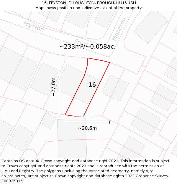 16, FRYSTON, ELLOUGHTON, BROUGH, HU15 1SH: Plot and title map