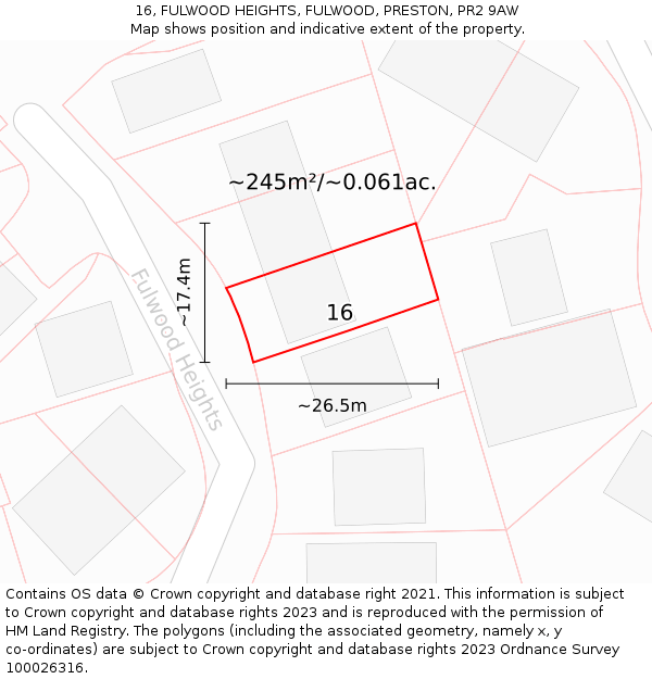 16, FULWOOD HEIGHTS, FULWOOD, PRESTON, PR2 9AW: Plot and title map