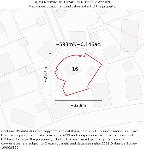 16, GAINSBOROUGH ROAD, BRAINTREE, CM77 8DU: Plot and title map