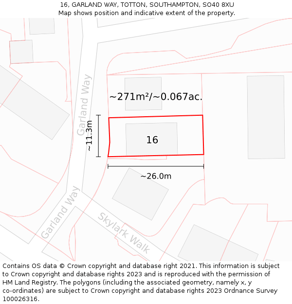 16, GARLAND WAY, TOTTON, SOUTHAMPTON, SO40 8XU: Plot and title map