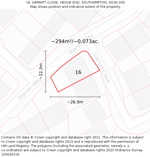 16, GARRATT CLOSE, HEDGE END, SOUTHAMPTON, SO30 2XD: Plot and title map