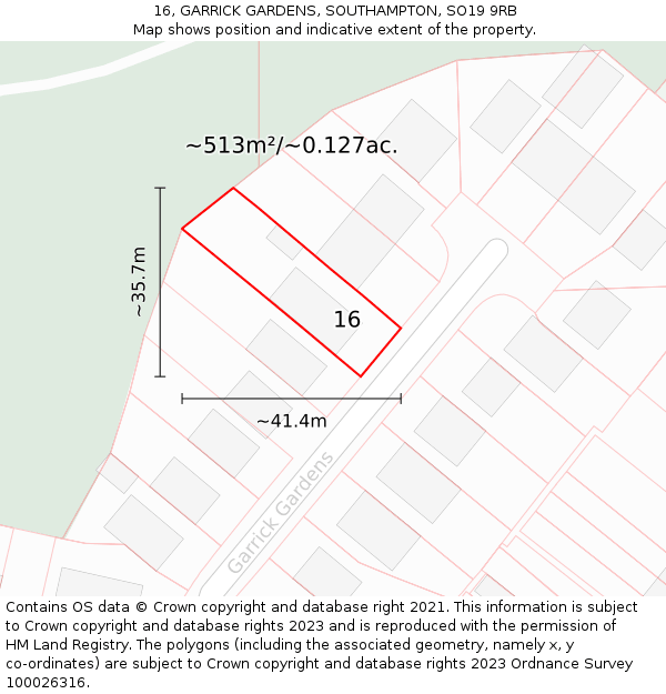 16, GARRICK GARDENS, SOUTHAMPTON, SO19 9RB: Plot and title map