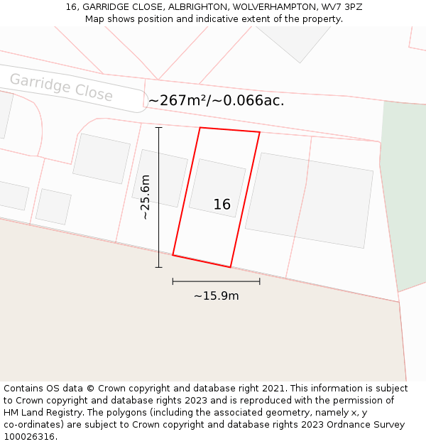 16, GARRIDGE CLOSE, ALBRIGHTON, WOLVERHAMPTON, WV7 3PZ: Plot and title map