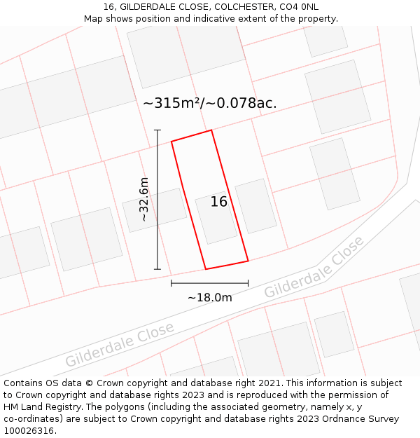 16, GILDERDALE CLOSE, COLCHESTER, CO4 0NL: Plot and title map