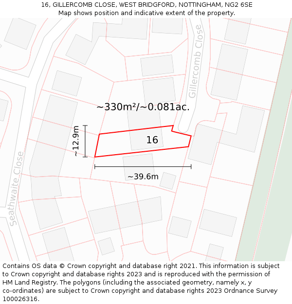 16, GILLERCOMB CLOSE, WEST BRIDGFORD, NOTTINGHAM, NG2 6SE: Plot and title map