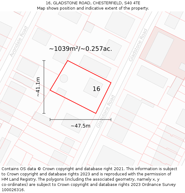 16, GLADSTONE ROAD, CHESTERFIELD, S40 4TE: Plot and title map