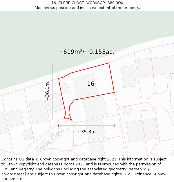 16, GLEBE CLOSE, WORKSOP, S80 3QX: Plot and title map