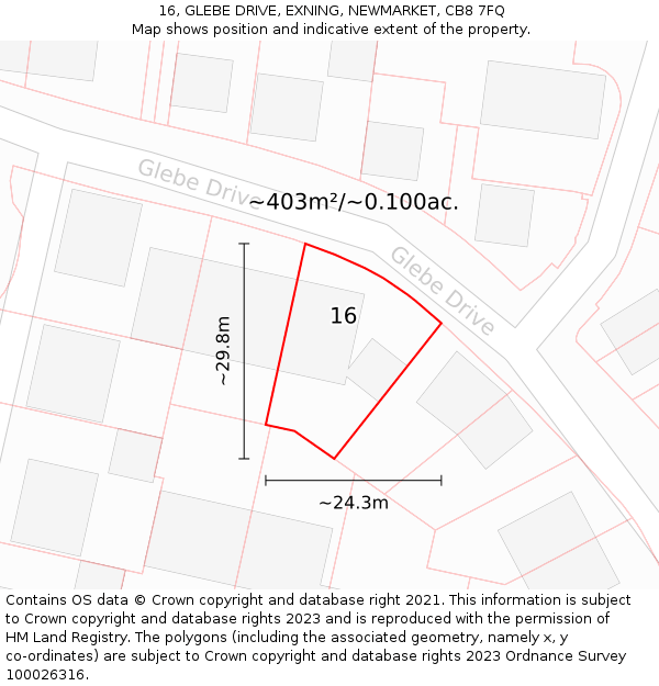 16, GLEBE DRIVE, EXNING, NEWMARKET, CB8 7FQ: Plot and title map