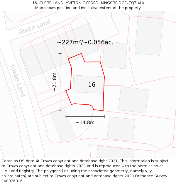 16, GLEBE LAND, AVETON GIFFORD, KINGSBRIDGE, TQ7 4LX: Plot and title map