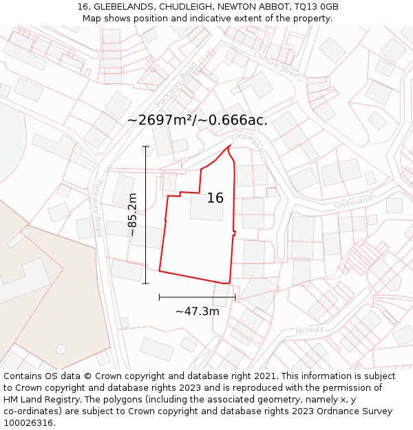 16, GLEBELANDS, CHUDLEIGH, NEWTON ABBOT, TQ13 0GB: Plot and title map