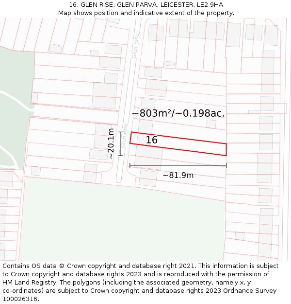 16, GLEN RISE, GLEN PARVA, LEICESTER, LE2 9HA: Plot and title map