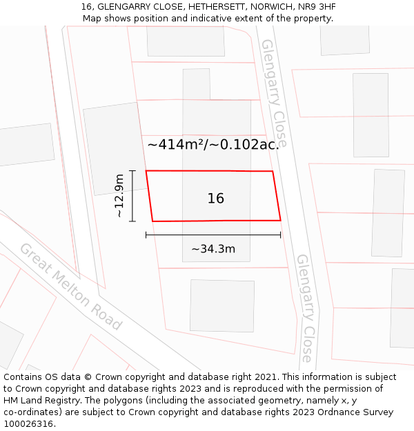 16, GLENGARRY CLOSE, HETHERSETT, NORWICH, NR9 3HF: Plot and title map