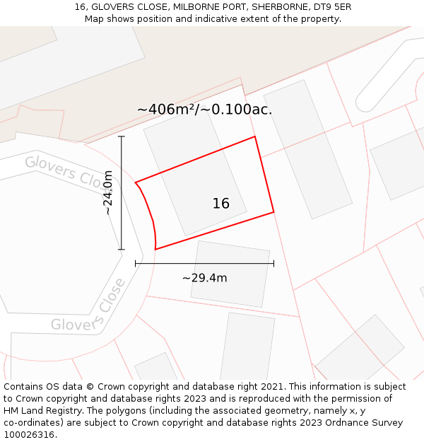 16, GLOVERS CLOSE, MILBORNE PORT, SHERBORNE, DT9 5ER: Plot and title map