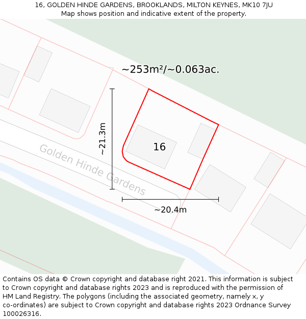 16, GOLDEN HINDE GARDENS, BROOKLANDS, MILTON KEYNES, MK10 7JU: Plot and title map