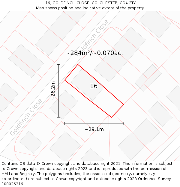 16, GOLDFINCH CLOSE, COLCHESTER, CO4 3TY: Plot and title map