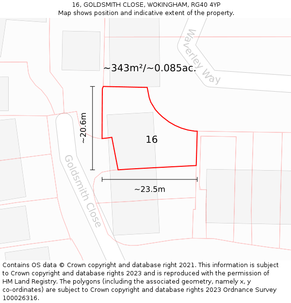 16, GOLDSMITH CLOSE, WOKINGHAM, RG40 4YP: Plot and title map