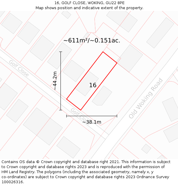 16, GOLF CLOSE, WOKING, GU22 8PE: Plot and title map