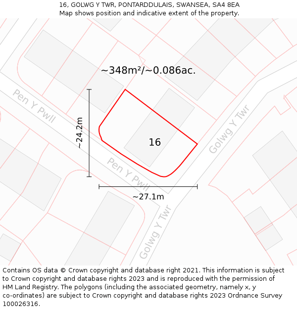 16, GOLWG Y TWR, PONTARDDULAIS, SWANSEA, SA4 8EA: Plot and title map