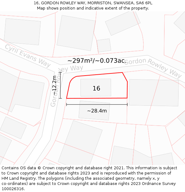 16, GORDON ROWLEY WAY, MORRISTON, SWANSEA, SA6 6PL: Plot and title map