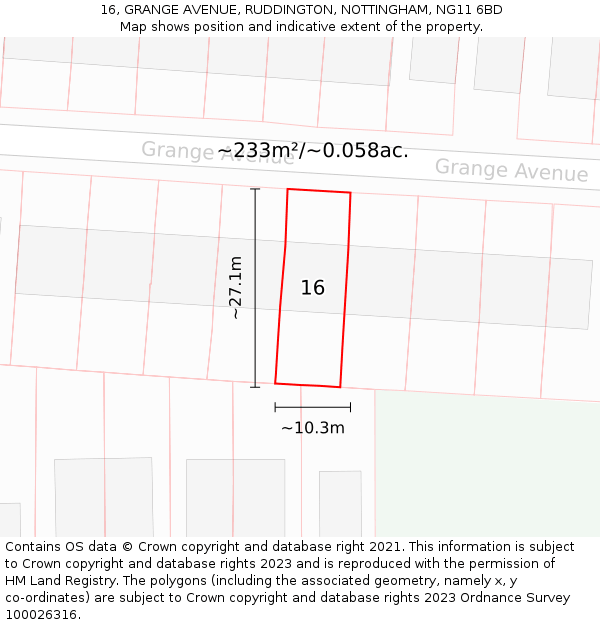 16, GRANGE AVENUE, RUDDINGTON, NOTTINGHAM, NG11 6BD: Plot and title map