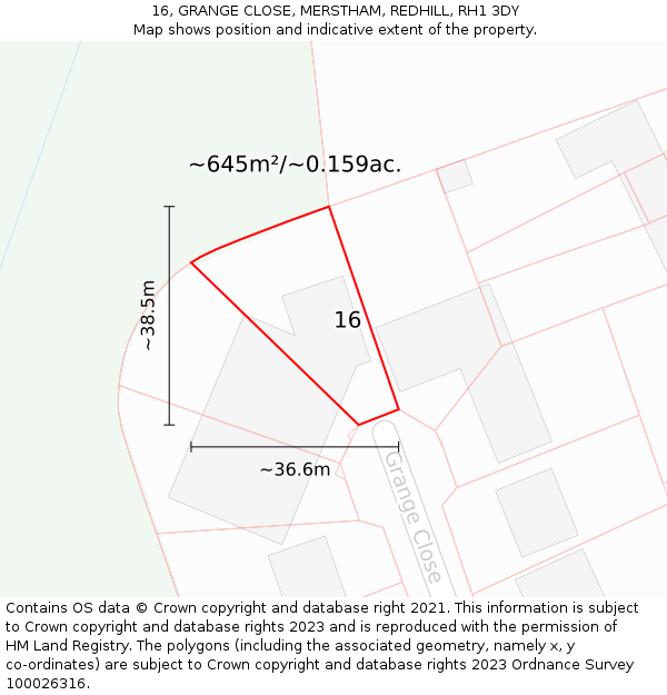 16, GRANGE CLOSE, MERSTHAM, REDHILL, RH1 3DY: Plot and title map