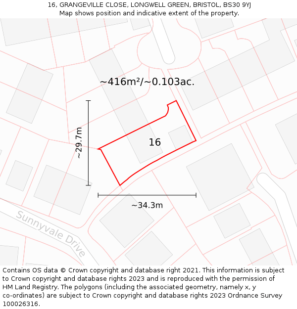 16, GRANGEVILLE CLOSE, LONGWELL GREEN, BRISTOL, BS30 9YJ: Plot and title map