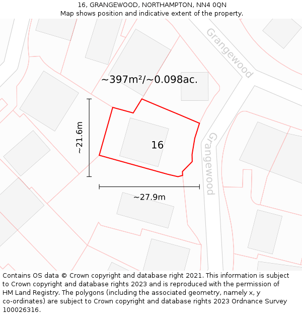 16, GRANGEWOOD, NORTHAMPTON, NN4 0QN: Plot and title map