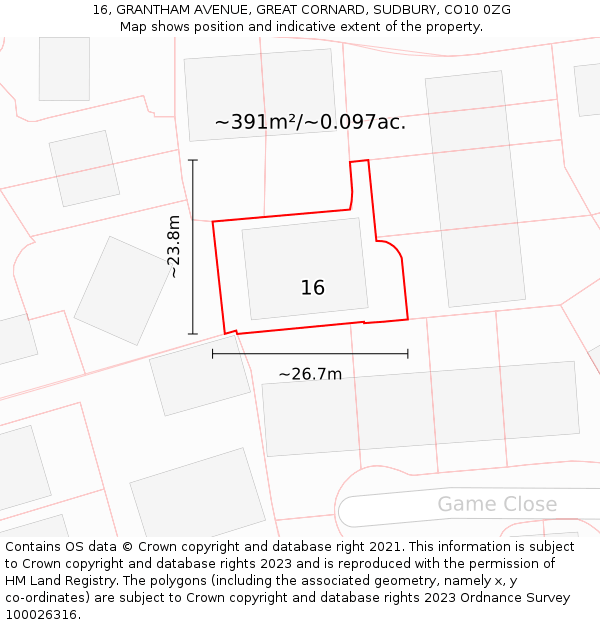 16, GRANTHAM AVENUE, GREAT CORNARD, SUDBURY, CO10 0ZG: Plot and title map