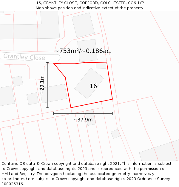 16, GRANTLEY CLOSE, COPFORD, COLCHESTER, CO6 1YP: Plot and title map