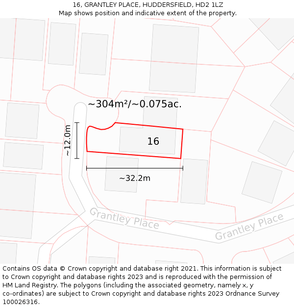 16, GRANTLEY PLACE, HUDDERSFIELD, HD2 1LZ: Plot and title map