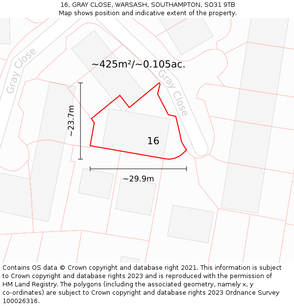 16, GRAY CLOSE, WARSASH, SOUTHAMPTON, SO31 9TB: Plot and title map