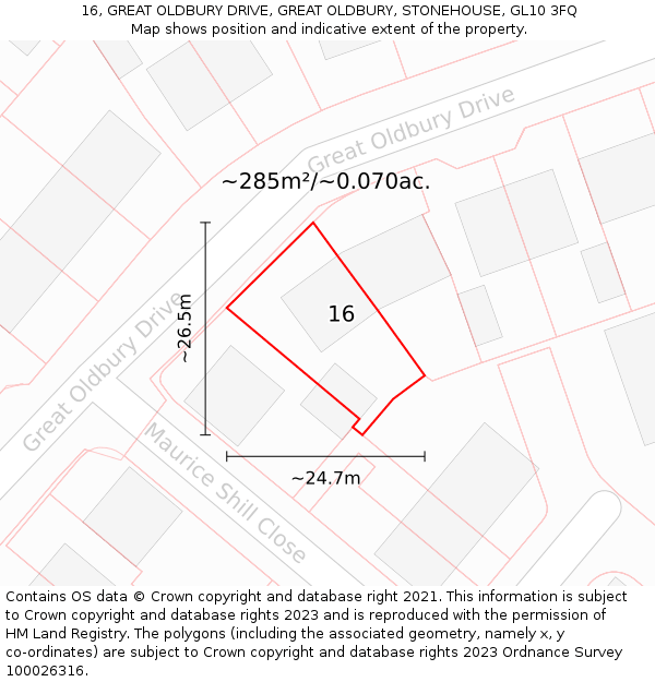 16, GREAT OLDBURY DRIVE, GREAT OLDBURY, STONEHOUSE, GL10 3FQ: Plot and title map