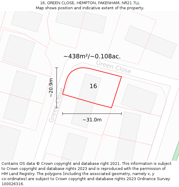 16, GREEN CLOSE, HEMPTON, FAKENHAM, NR21 7LL: Plot and title map