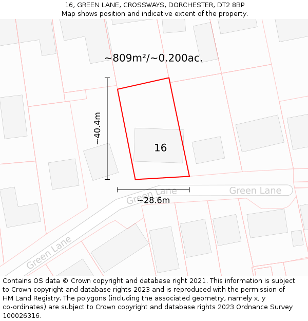 16, GREEN LANE, CROSSWAYS, DORCHESTER, DT2 8BP: Plot and title map