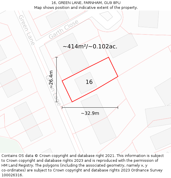 16, GREEN LANE, FARNHAM, GU9 8PU: Plot and title map