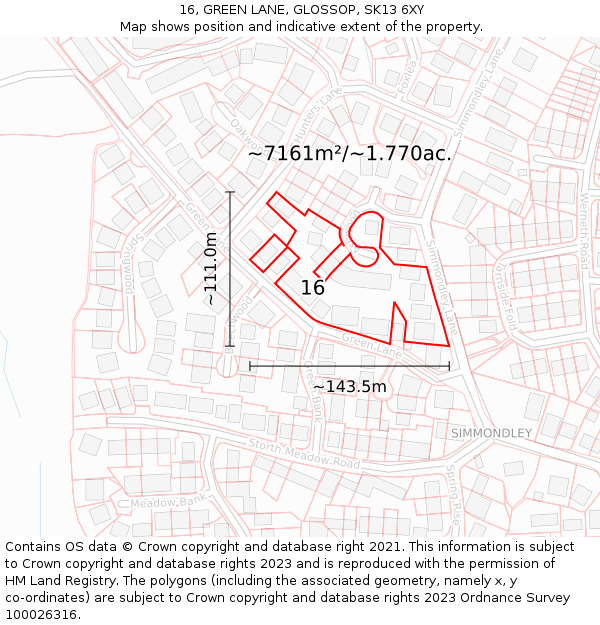 16, GREEN LANE, GLOSSOP, SK13 6XY: Plot and title map