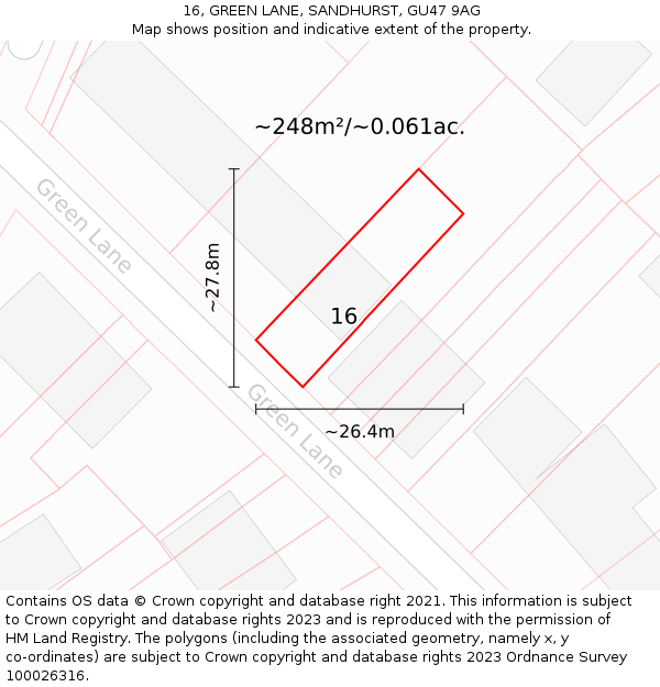 16, GREEN LANE, SANDHURST, GU47 9AG: Plot and title map