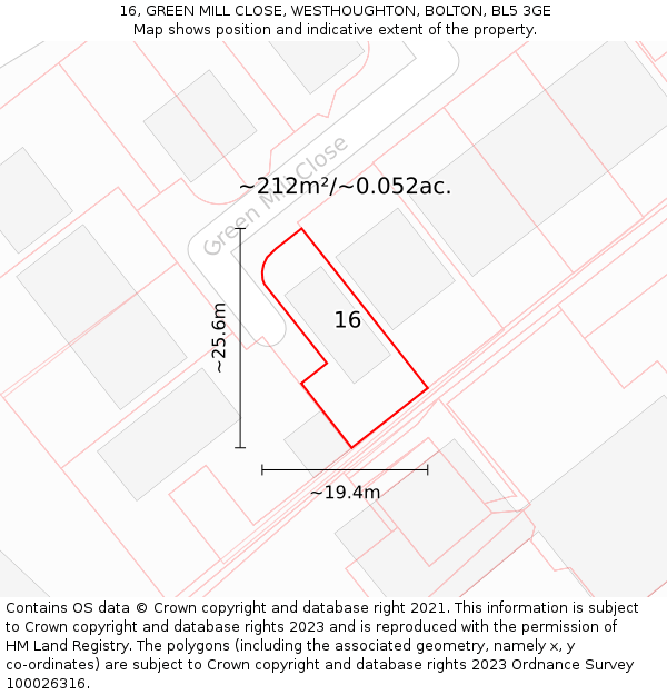 16, GREEN MILL CLOSE, WESTHOUGHTON, BOLTON, BL5 3GE: Plot and title map