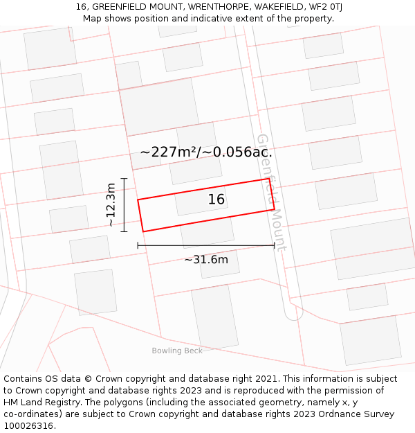 16, GREENFIELD MOUNT, WRENTHORPE, WAKEFIELD, WF2 0TJ: Plot and title map