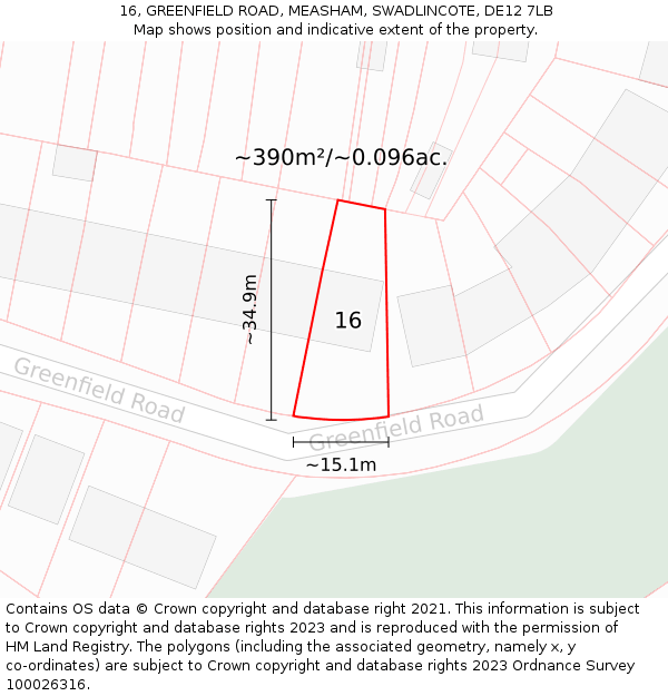 16, GREENFIELD ROAD, MEASHAM, SWADLINCOTE, DE12 7LB: Plot and title map