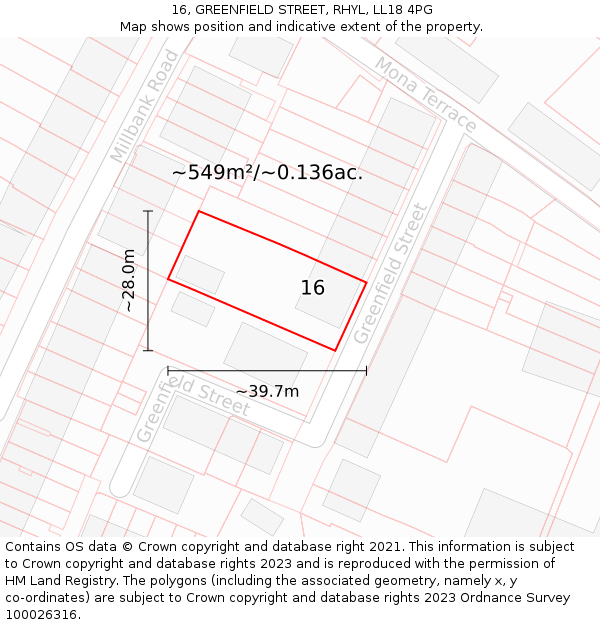 16, GREENFIELD STREET, RHYL, LL18 4PG: Plot and title map