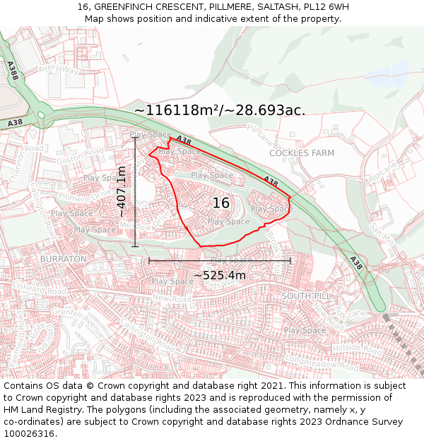 16, GREENFINCH CRESCENT, PILLMERE, SALTASH, PL12 6WH: Plot and title map