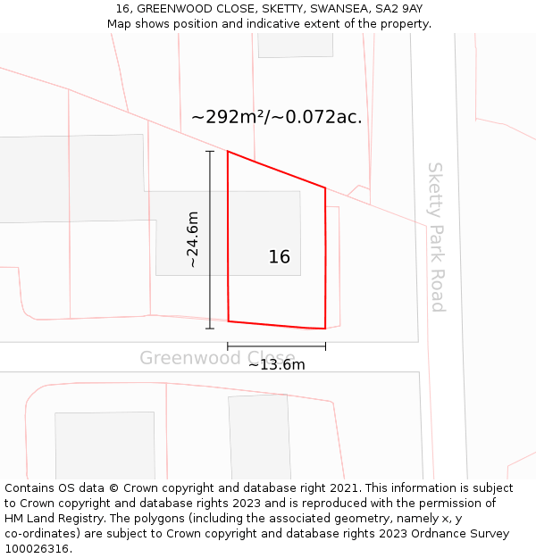 16, GREENWOOD CLOSE, SKETTY, SWANSEA, SA2 9AY: Plot and title map